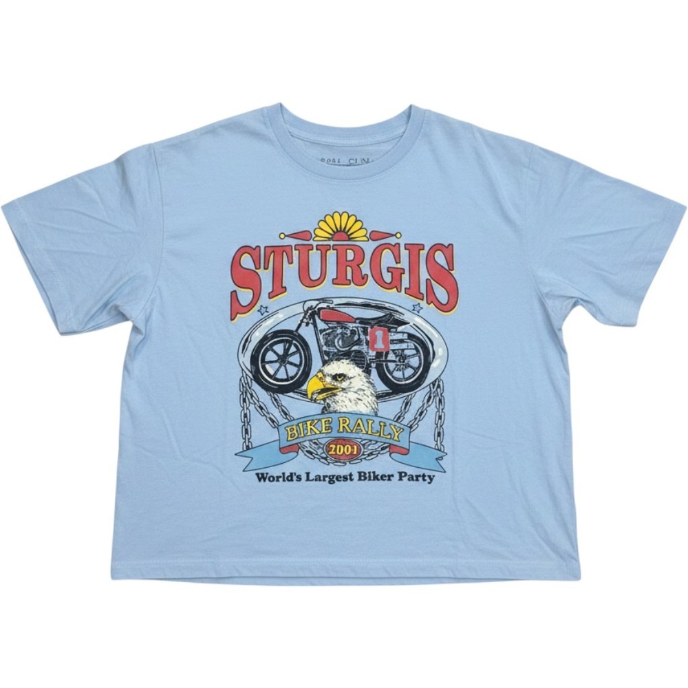 Fifth Sun Sturgis Bike Rally 2001 Graphic Tee Light Blue Large Cropped Biker Y2K
